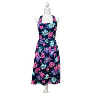Vintage Women Sz 10 Navy-Blue Pink Floral Spring Summer Halter Midi Sundress NWT